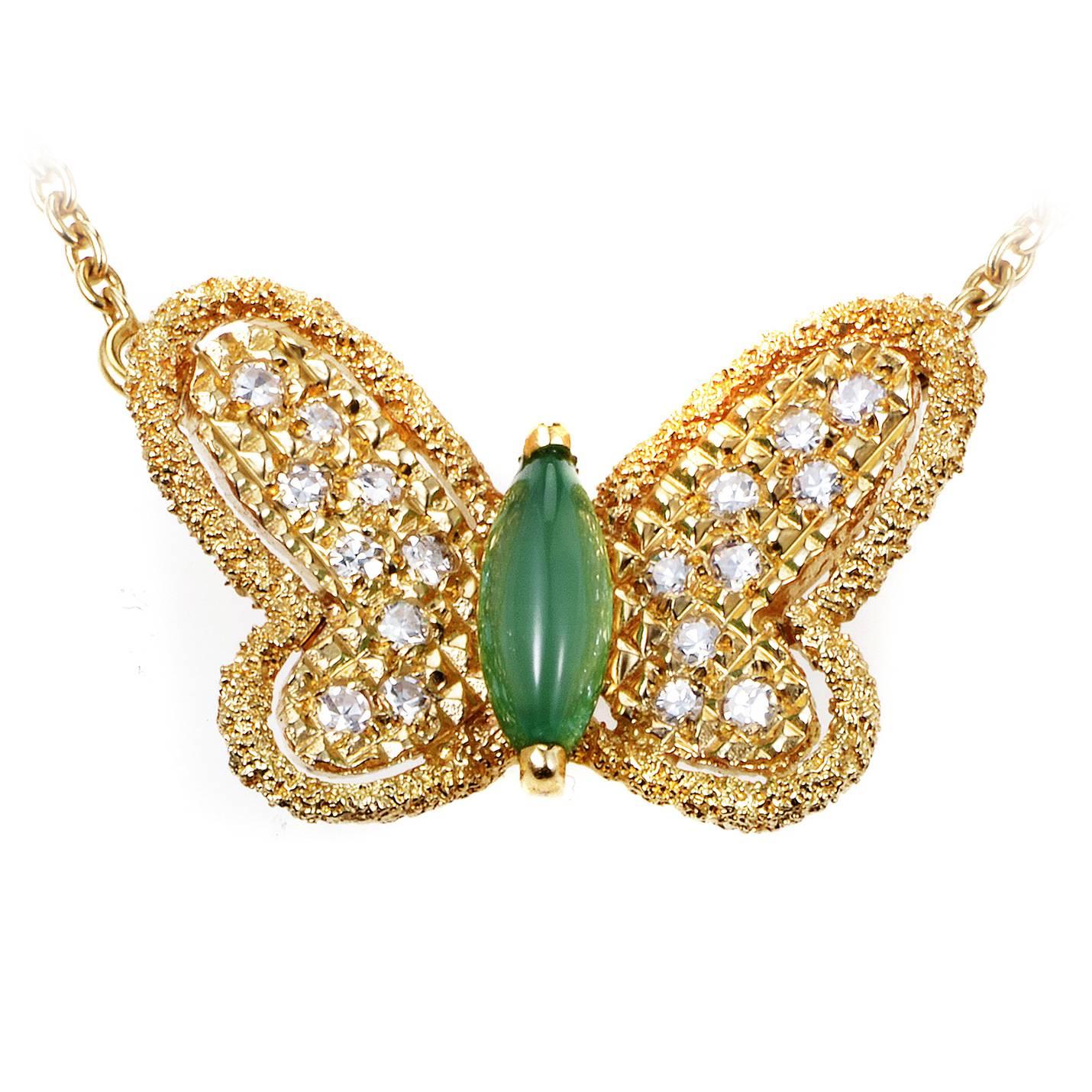 Van Cleef & Arpels Yellow Gold Diamond and Emerald Butterfly Necklace