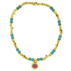 1970s Bulgari Turquoise Ruby Cabochon Gold Necklace 