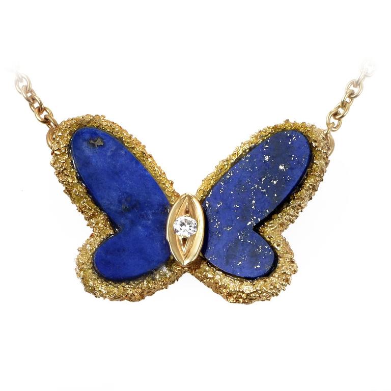 Van Cleef and Arpels Lapis Diamond Gold Butterfly Necklace at 1stDibs