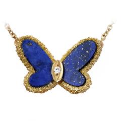 Van Cleef & Arpels Lapis Diamond Gold Butterfly Necklace
