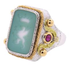 Large Cazzaniga Intaglio Ruby Tri Color Gold Ring 