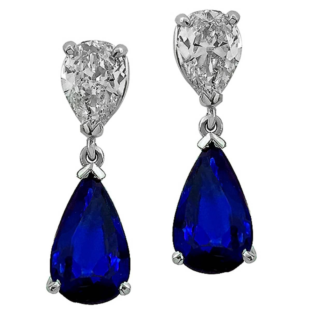 Pear Shape Sapphire Diamond Drop Earrings For Sale at 1stdibs