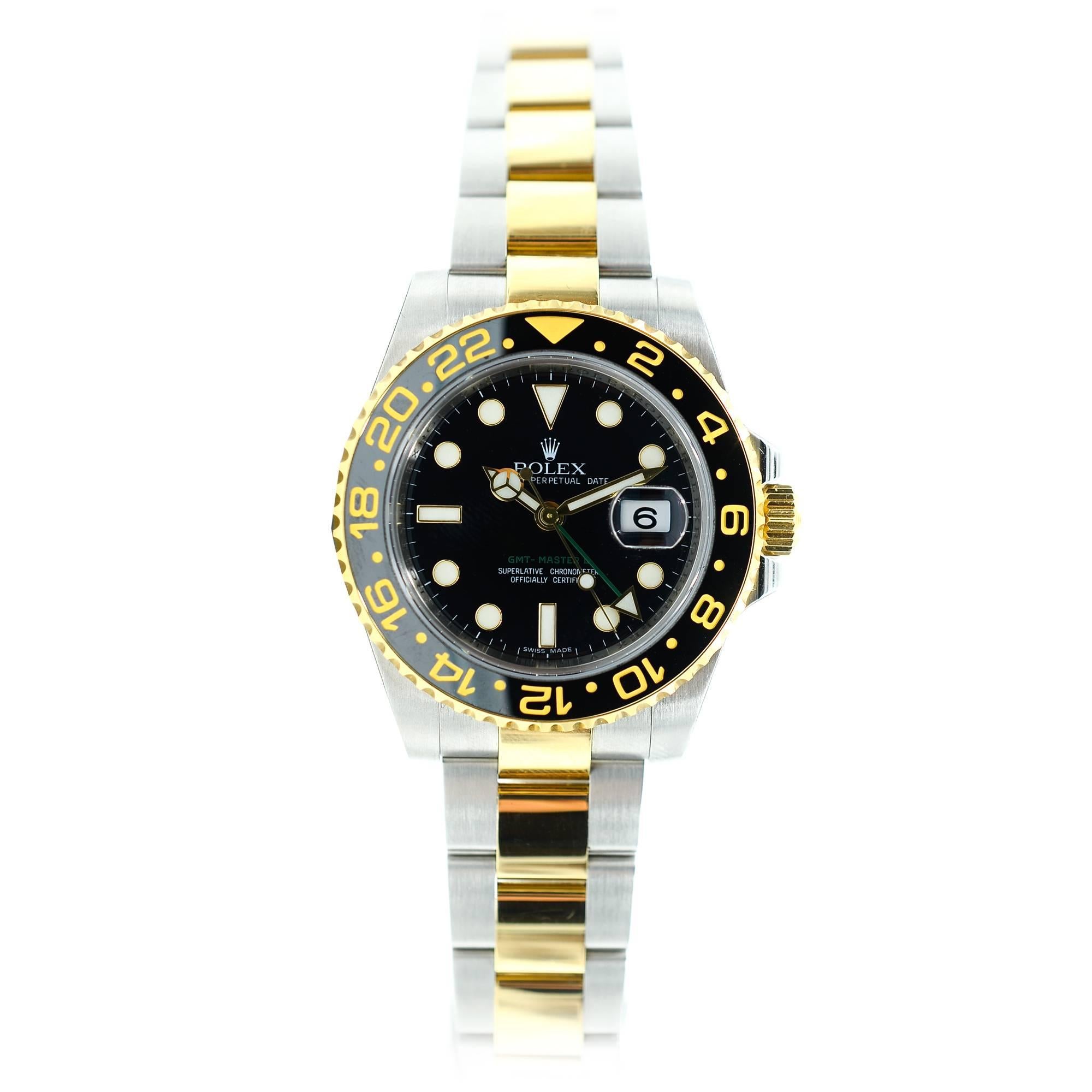 Rolex Yellow Gold Stainless Steel GMT-Master II Black Automatic Wristwatch For Sale