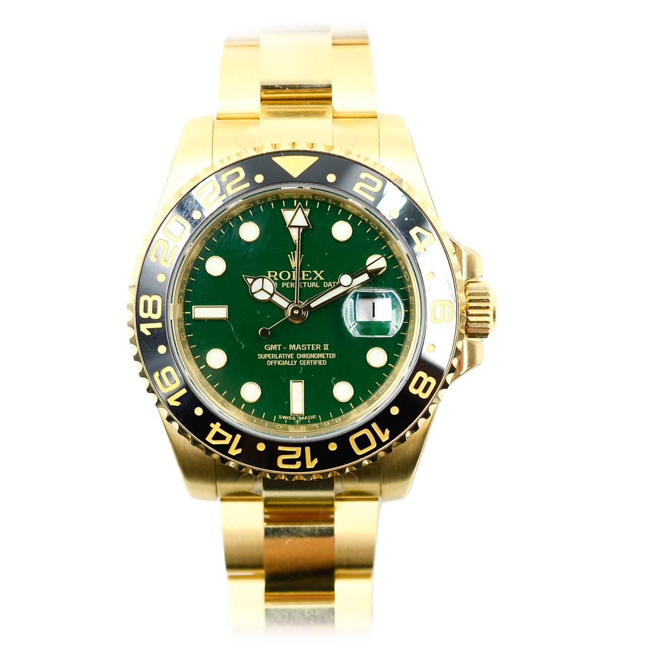 Rolex Yellow Gold GMT Master II Green Index Dial Oyster Bracelet Wristwatch