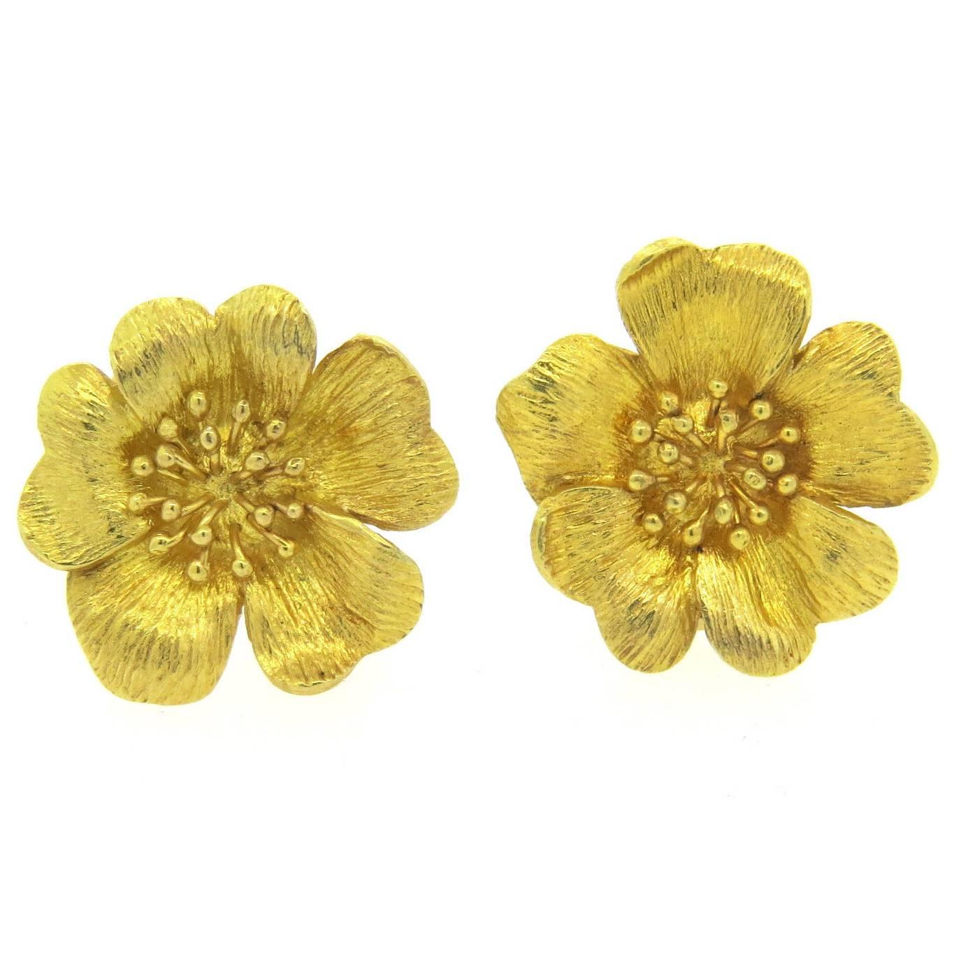 Ilias Lalaounis Gold Wild Rose Flower Earrings