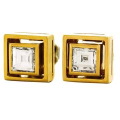 Modernist Emerald Cut Diamond Gold Stud Earrings