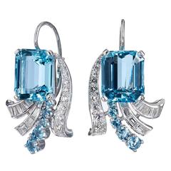 Vintage Art Deco Aquamarine Diamond Platinum Earrings 