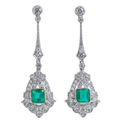 1.60 Carat Colombian Emerald Diamond Gold Platinum Earrings