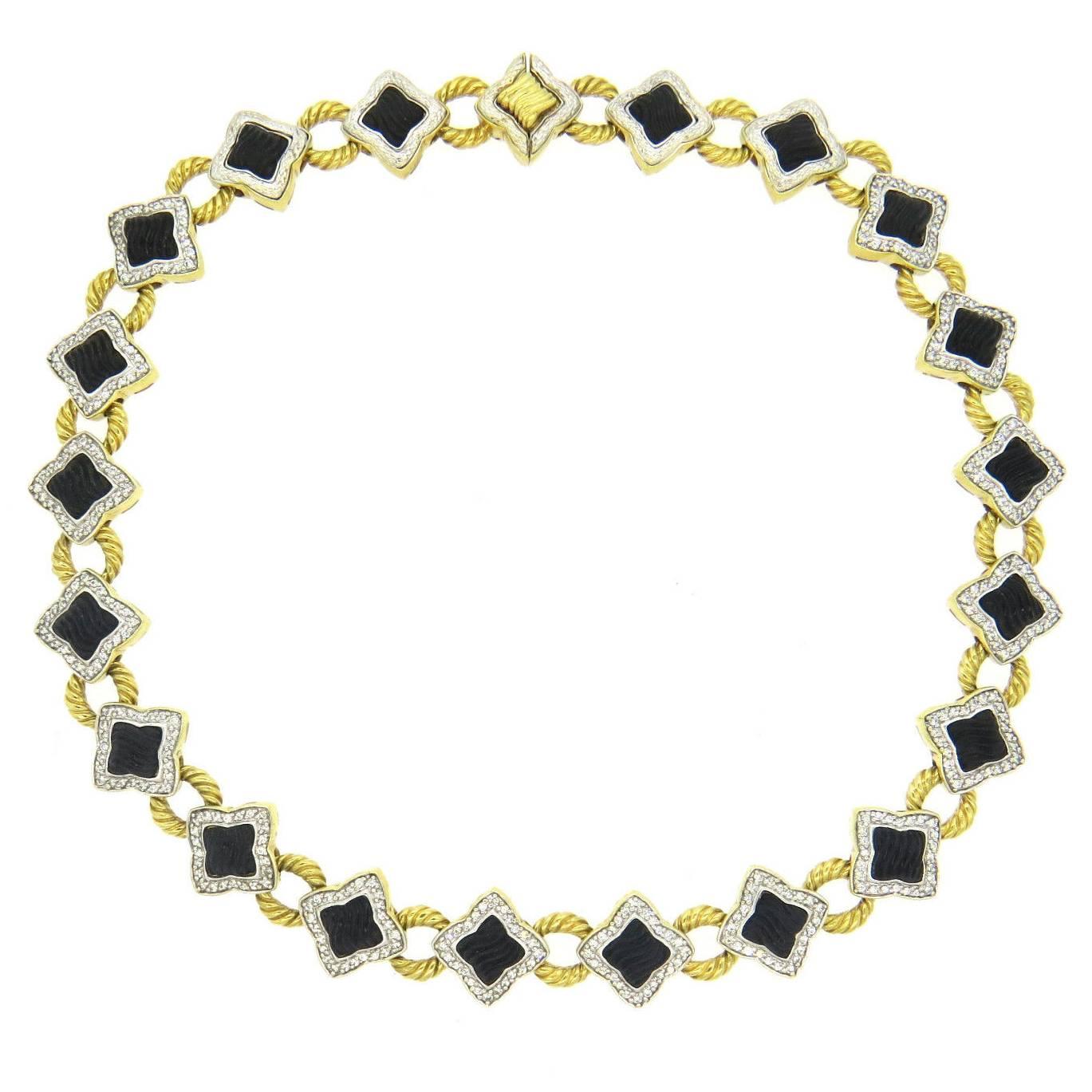 David Yurman Quatrefoil onyx diamond Gold Necklace