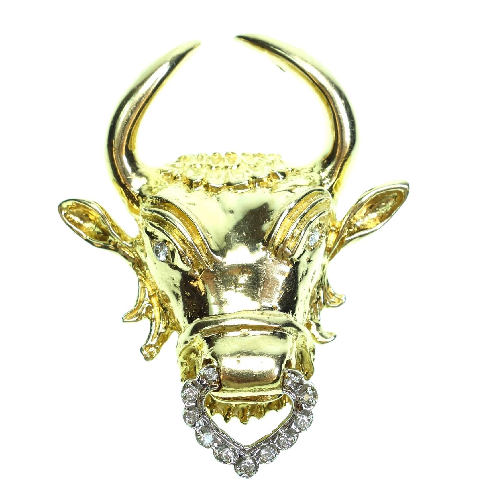 Large Diamond Gold Bull Brooch Pendant For Sale