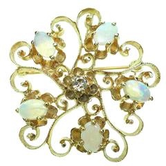 Opal Diamond Gold Scroll Brooch Pendant 1