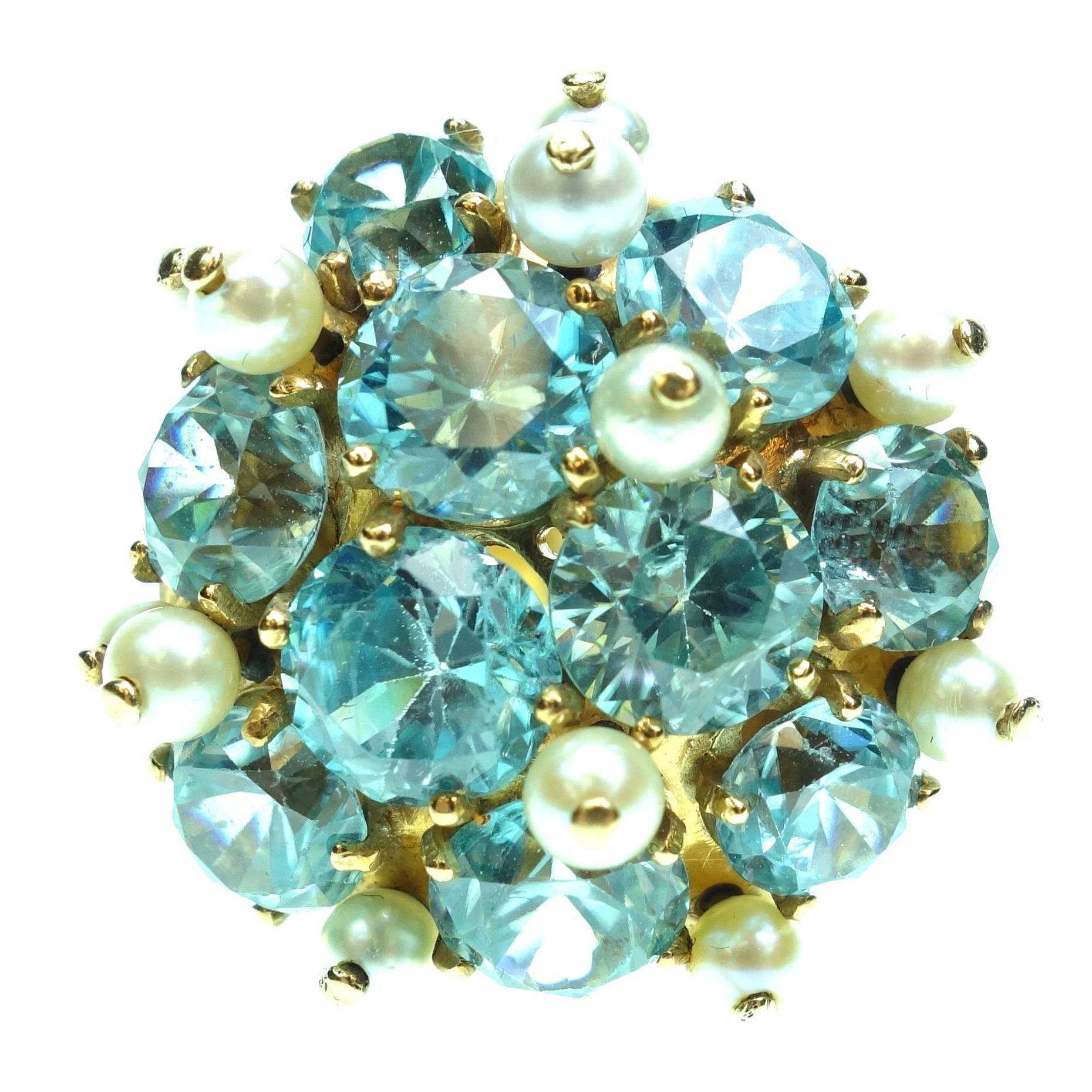 1930s Blue Zircon Pearl Gold Ring For Sale