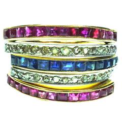 Antique Ruby Sapphire and Diamond Yellow Gold Bands Set of 5