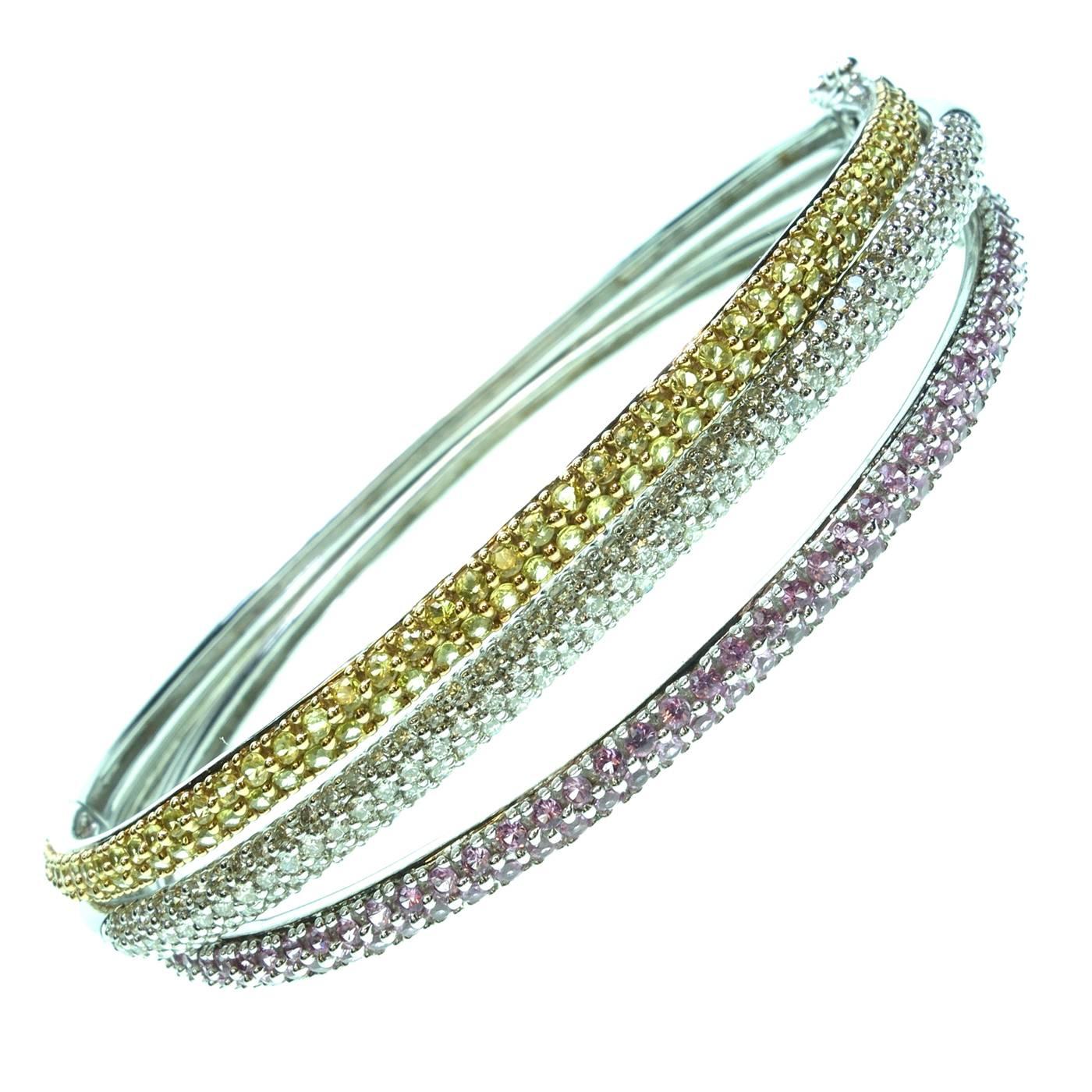 Yellow and Pink Sapphire and Diamond White Gold Bangle Bracelets Set of 3