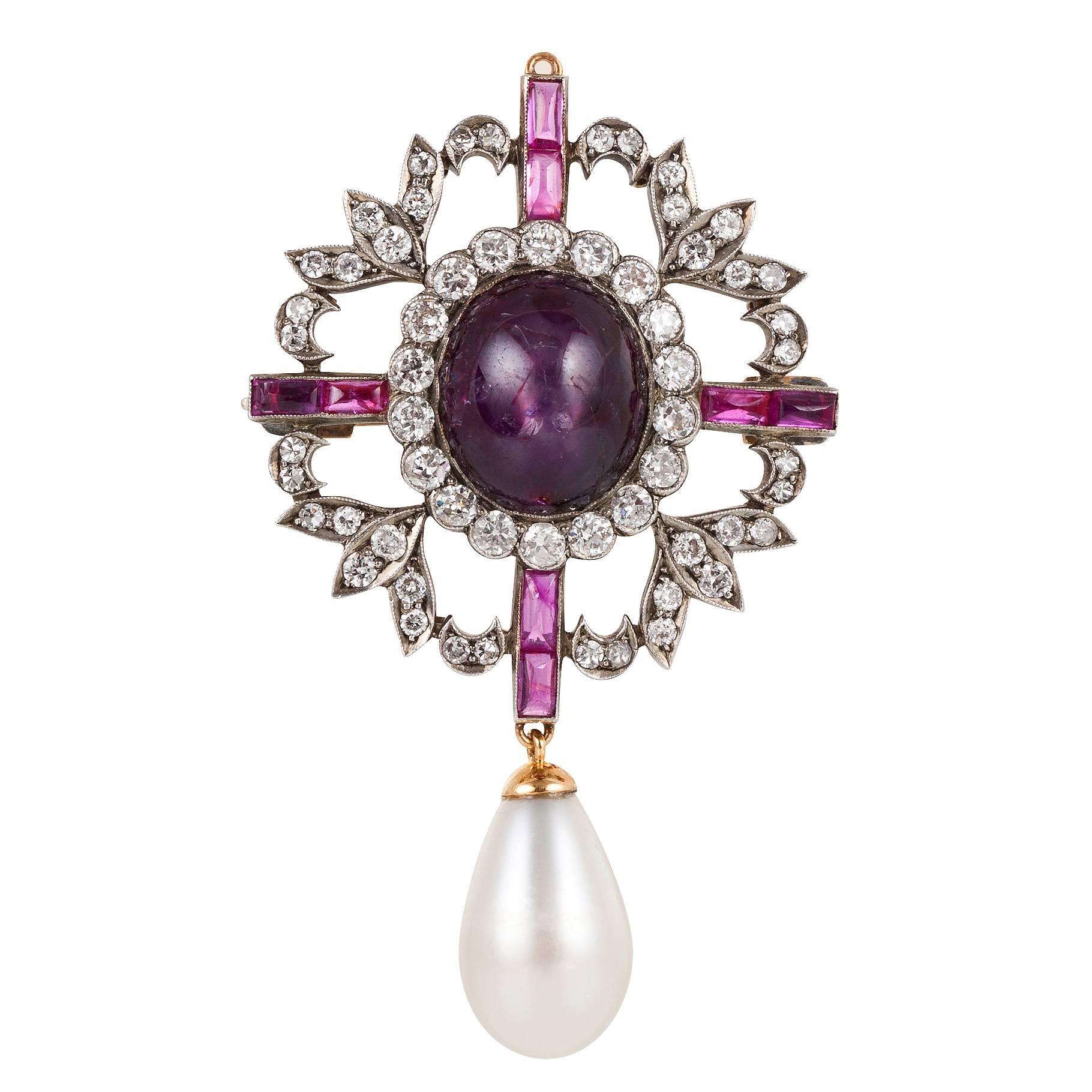 Natural Pearl Star Ruby Diamond Brooch For Sale