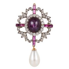 Natural Pearl Star Ruby Diamond Brooch