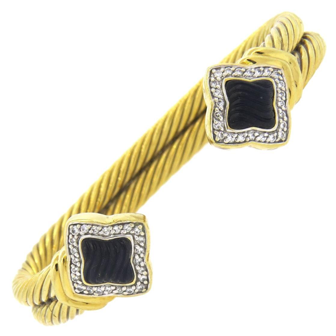 David Yurman Quatrefoil Onyx diamond gold Cable Cuff Bracelet