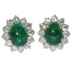 Cabochon Emerald Diamond Gold Earrings