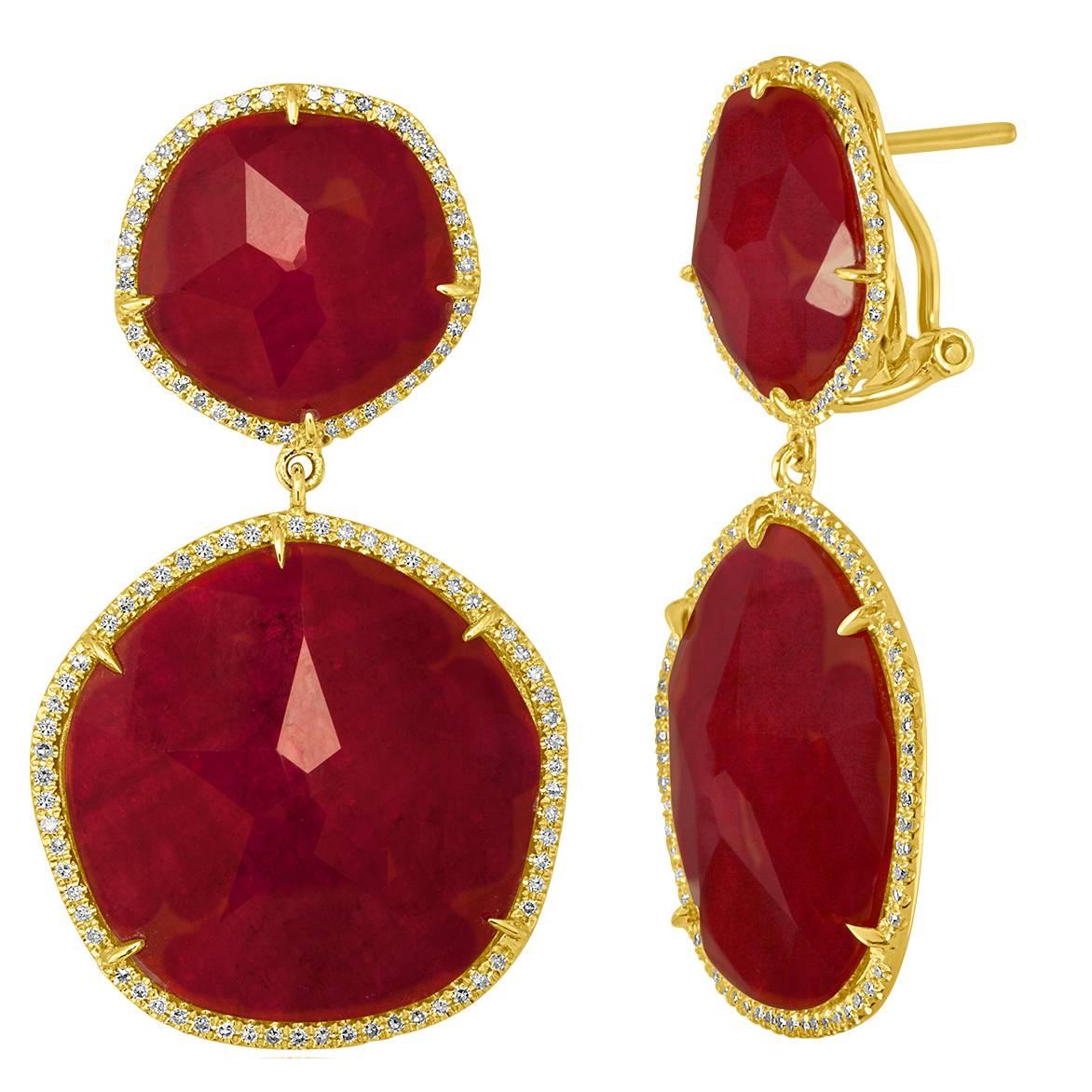 Doublet 41.00 Carats Rock Crystal Ruby Diamond Gold Dangle Earrings For Sale