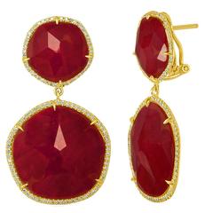 Doublet 41.00 Carats Rock Crystal Ruby Diamond Gold Dangle Earrings 7