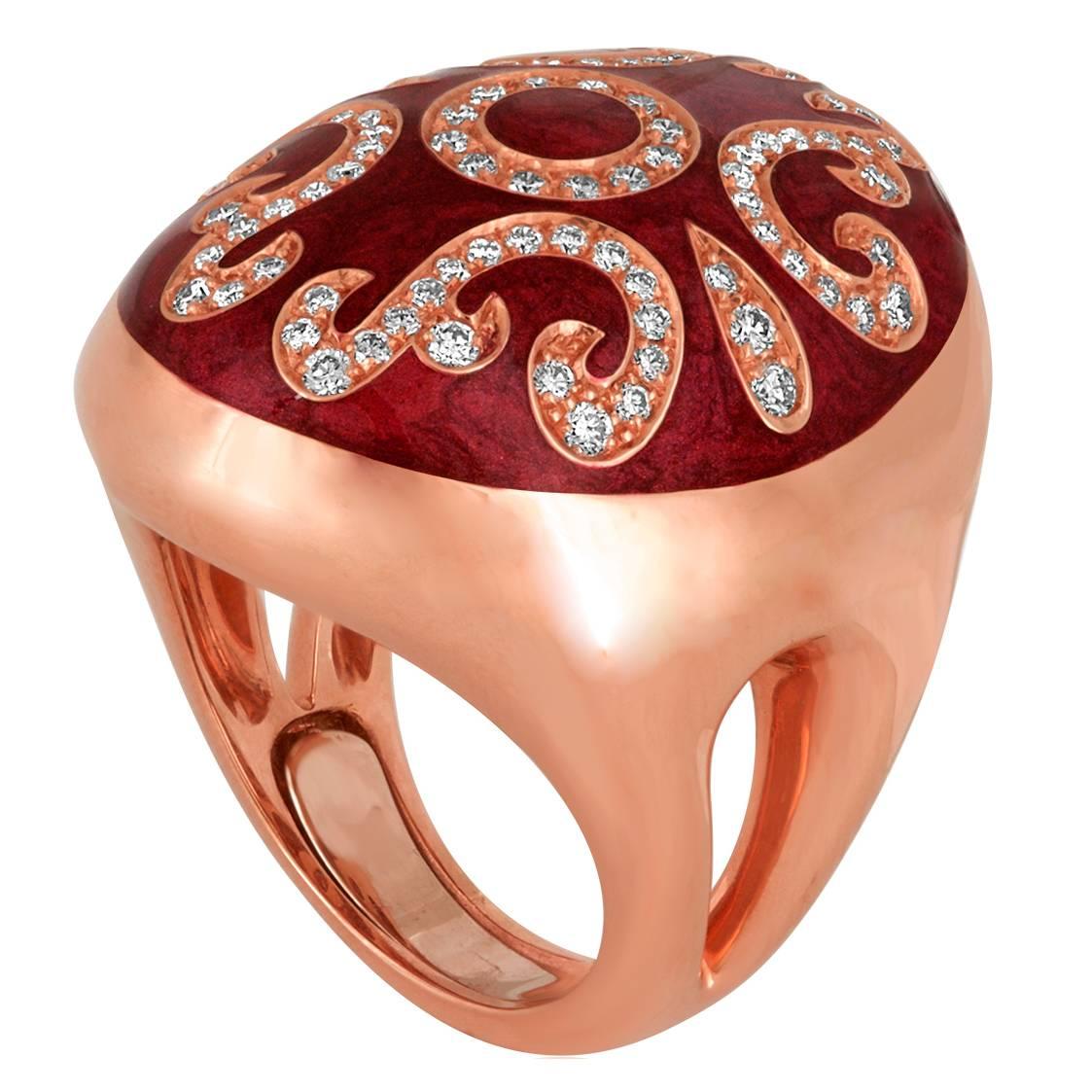 Gilberto Cassola & C. Red Enamel 0.80 Carats Diamond Gold Ring