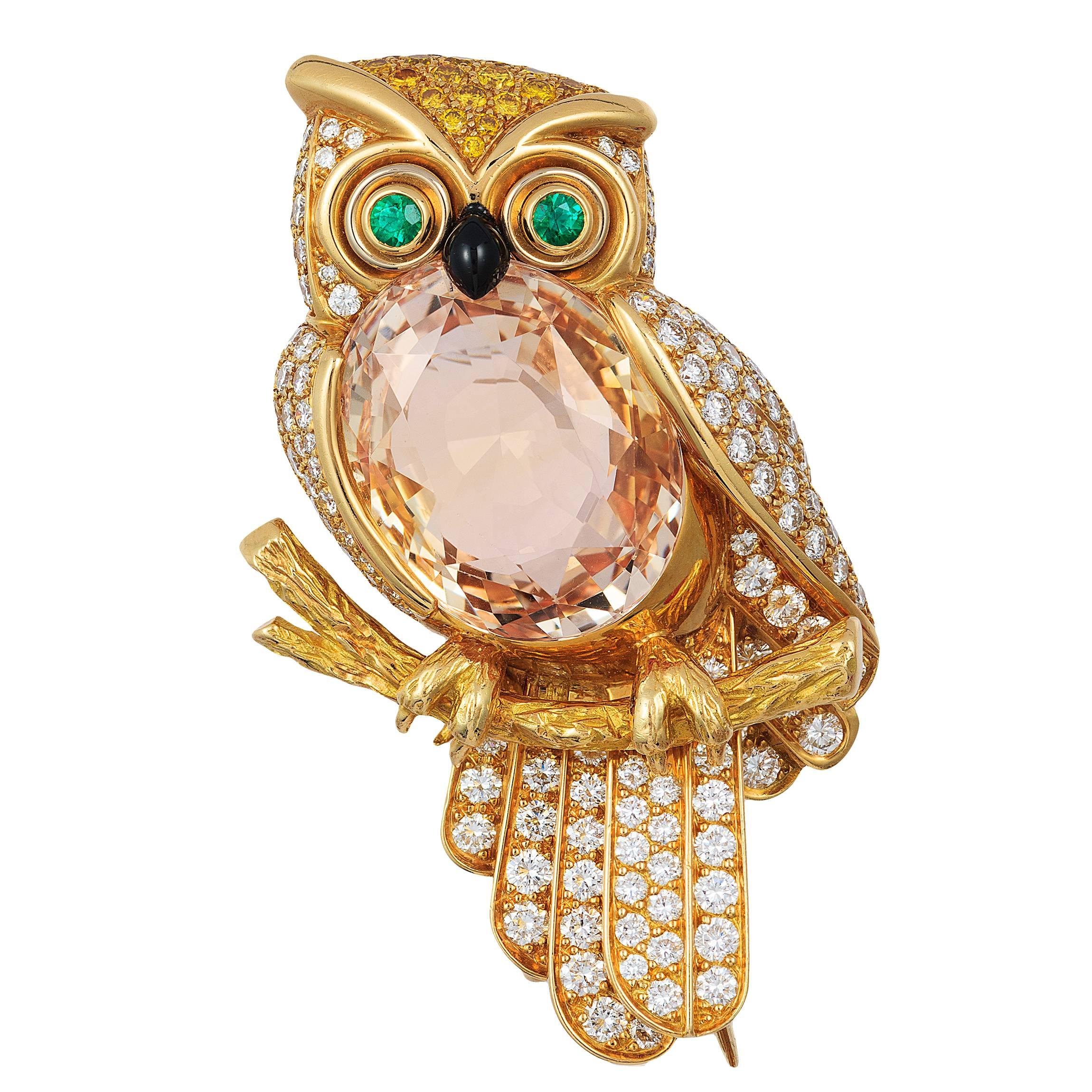 Cartier Orange Sapphire Diamond Gold Owl Brooch For Sale