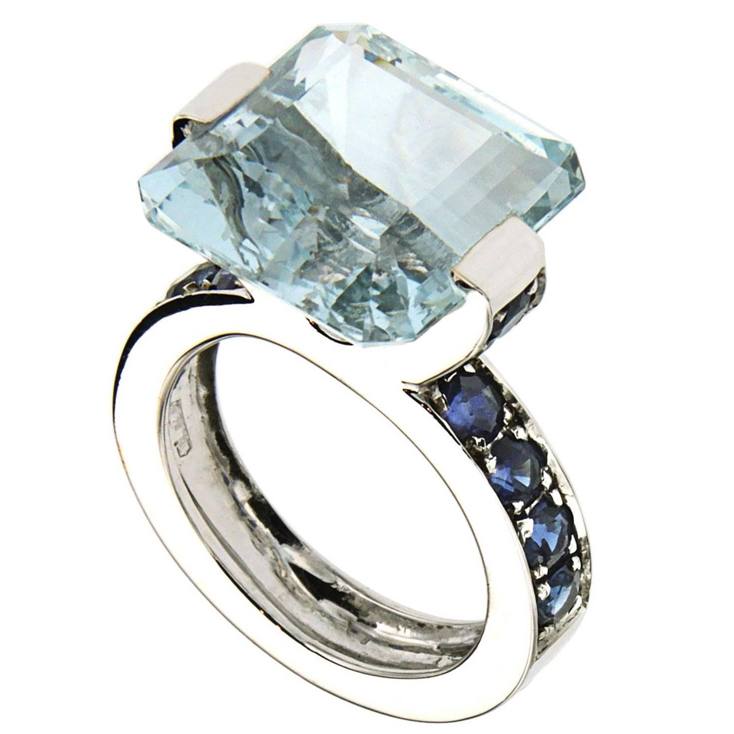 Blue Aquamarine Sapphires White Gold Modern Cocktail Ring