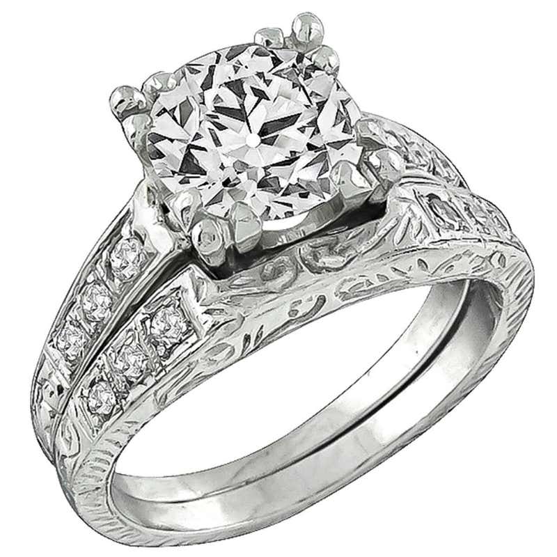 Antique Diamond platinum Engagement Ring and Wedding Band Set at 1stDibs