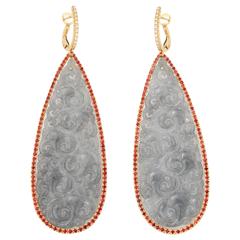 Carved Gray Jade Sapphire Diamond Gold Drop Earrings 12