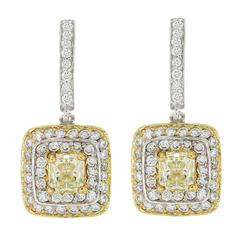Fancy Yellow Cushion Diamond Gold Dangle Earrings 1