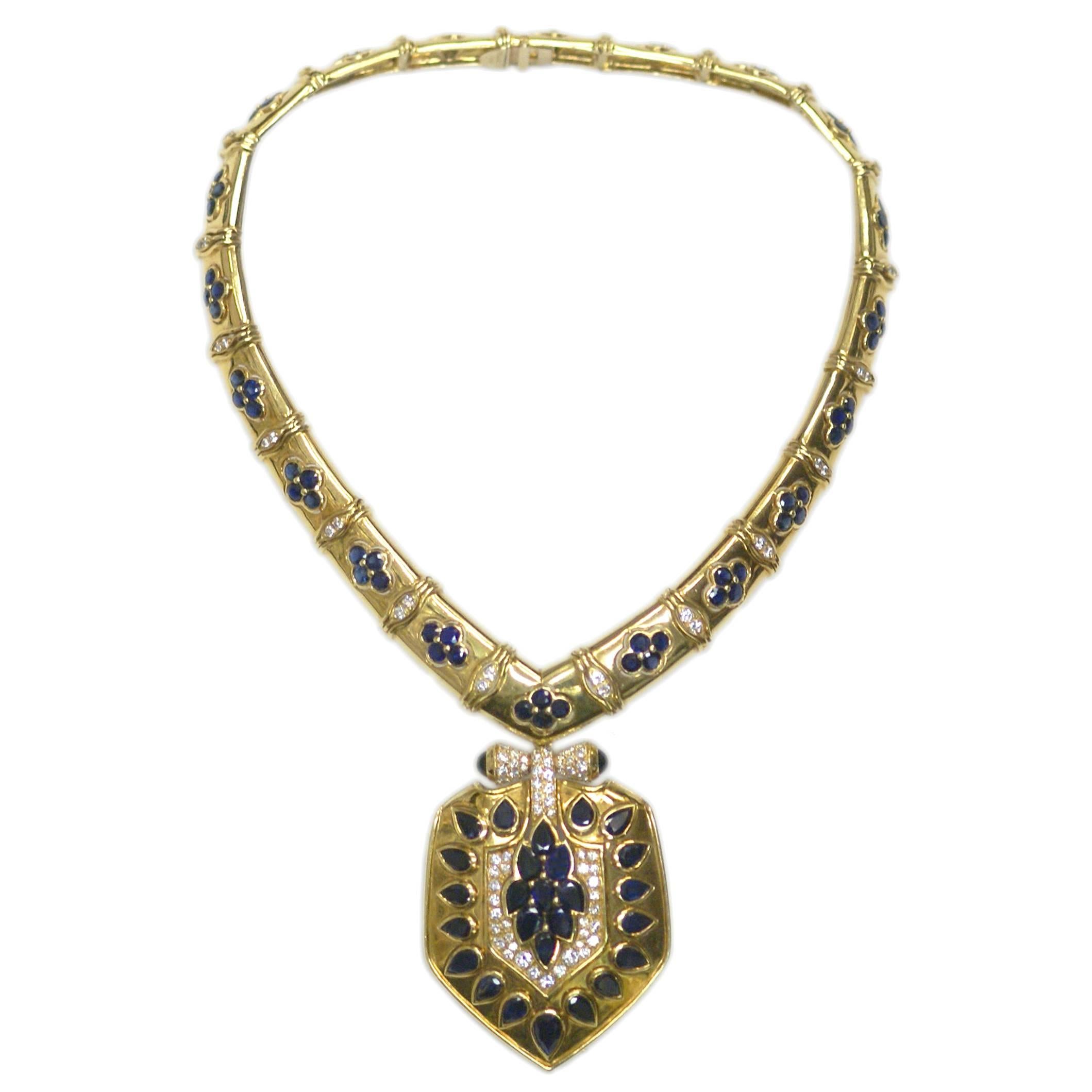 Bulgari 1960 Rare sapphire diamond gold Shield drop Necklace 