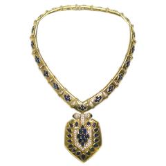 Bulgari 1960 Rare sapphire diamond gold Shield drop Necklace
