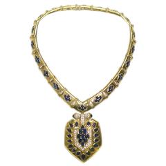 Bulgari 1960 Rare sapphire diamond gold Shield drop Necklace 