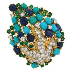 1970s French Turquoise Sapphire emerald Diamond Gold Pin Brooch
