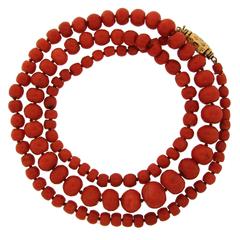 Victorian Coral Bead Strand Necklace with Enameled Yellow Gold Clasp