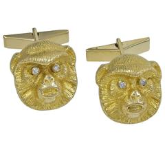  Monkey Cufflinks in Gold with Diamond Eyes