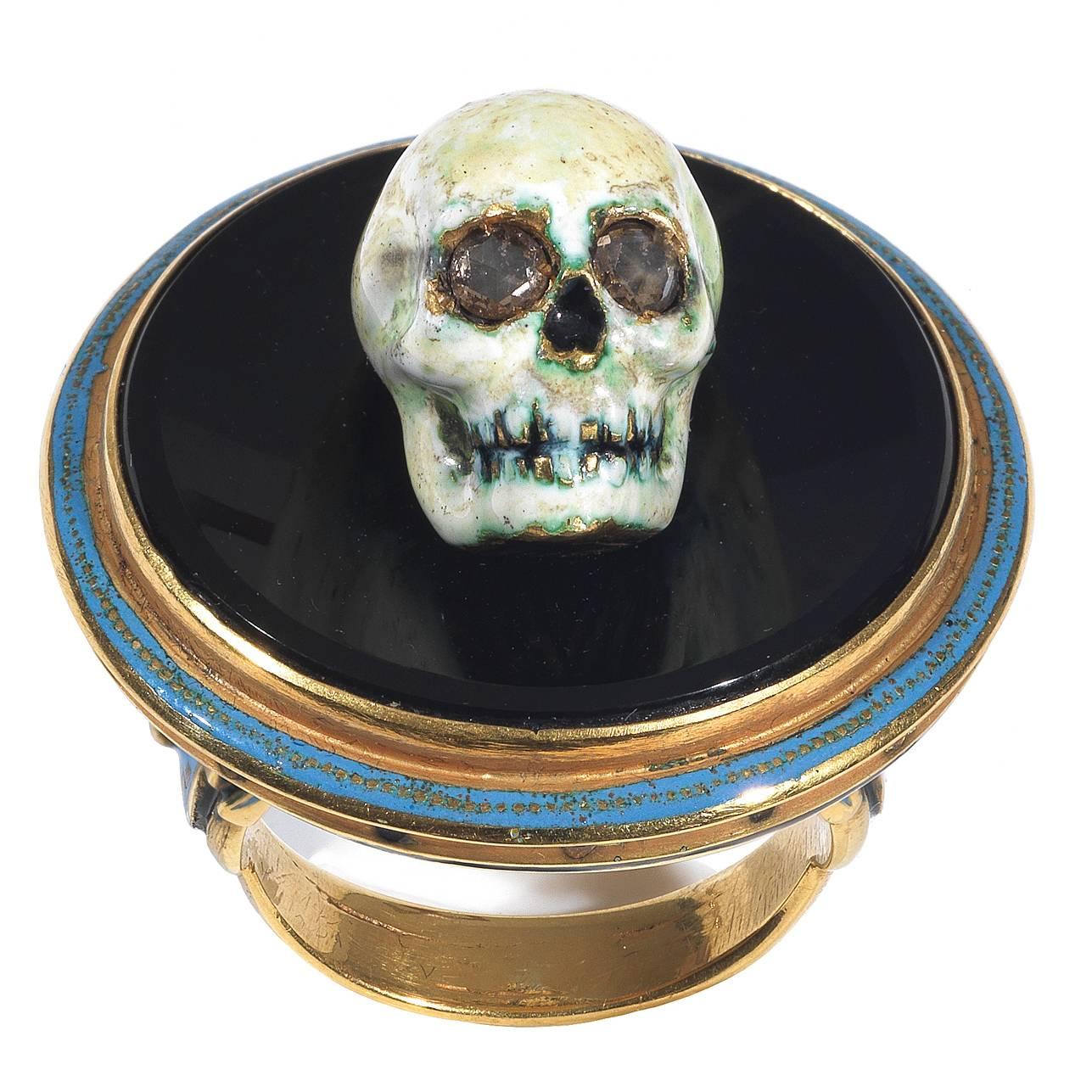 Attilio Codognato Enamel Onyx Diamond Skull on Tray Memento Mori Ring