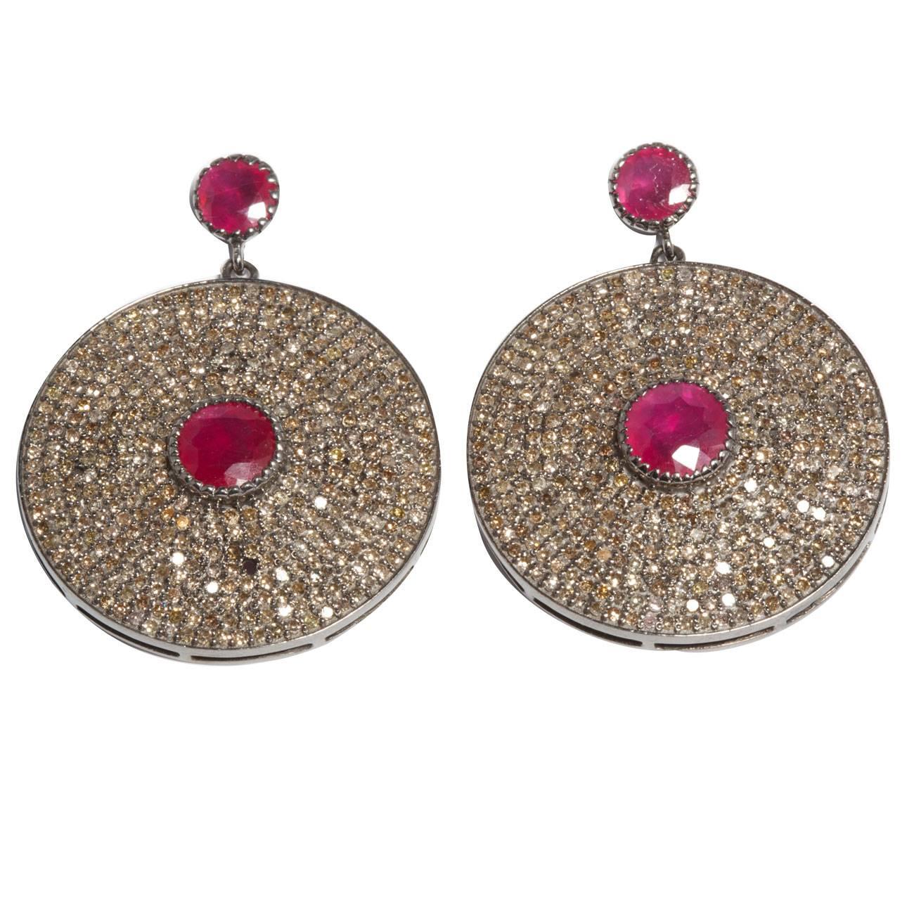 Jade Jagger Large Diamond and Ruby Disco Earrings For Sale