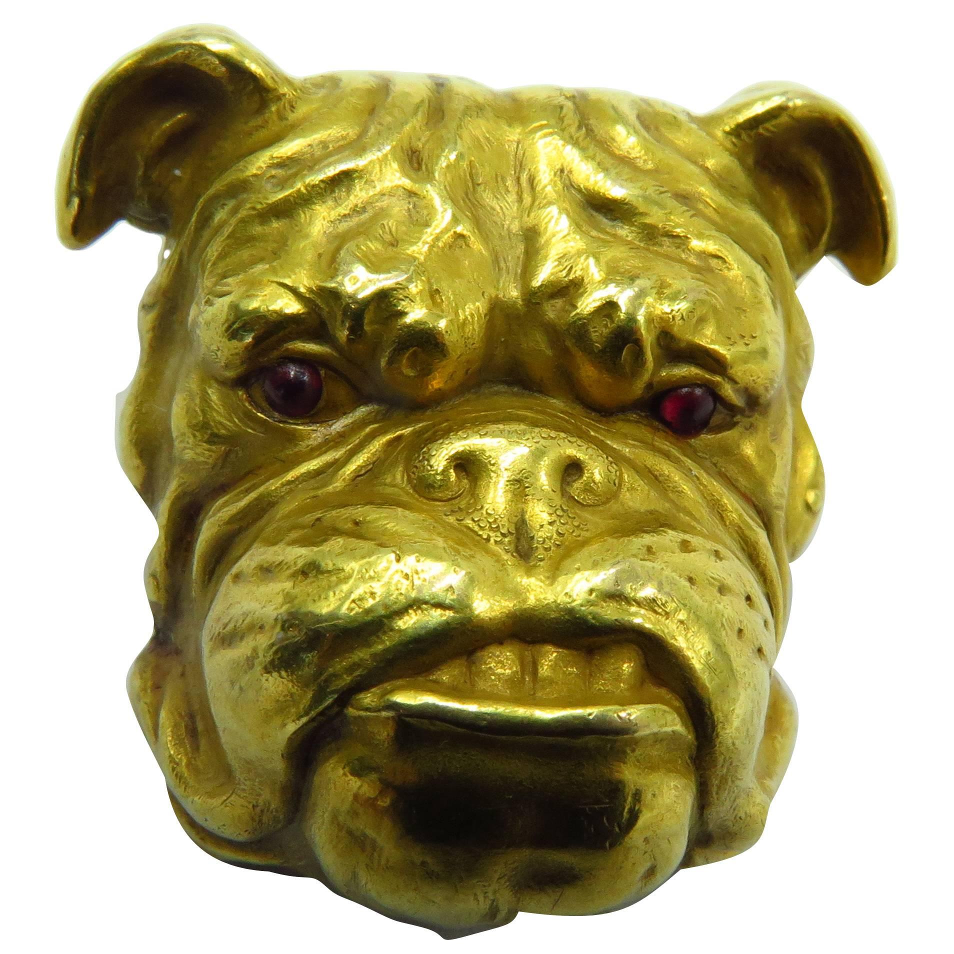 Fantastic Victorian Detailed Gold Bulldog Pin With Cabochon Cut Ruby Eyes