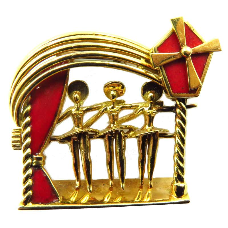 French Enamel Movable Pin Gold Moulin Rouge Can-Can Girls Kicking For ...