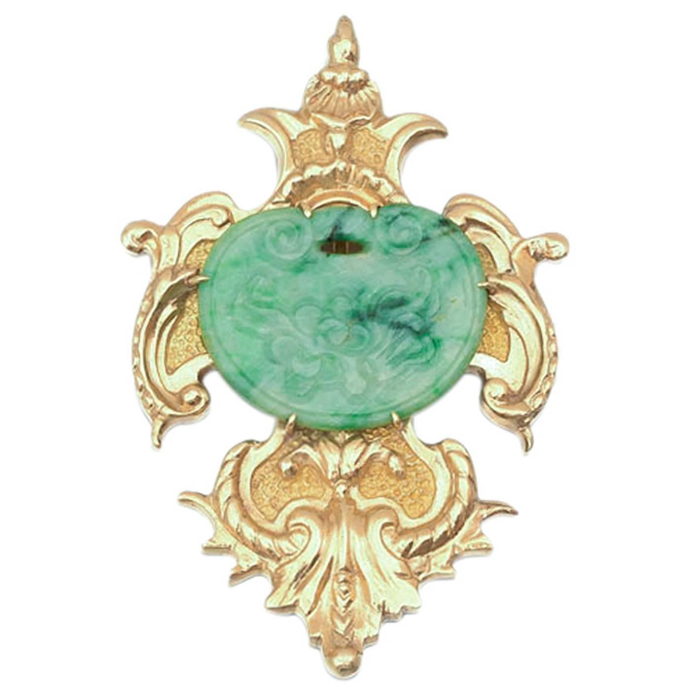 Wander Paris Carved Jade Gold Pendant Brooch