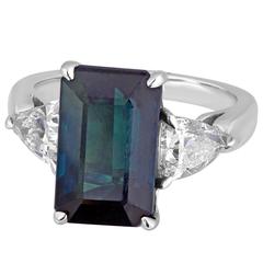 Certified No Heat 7.48 Carat Greenish Blue Step Cut Sapphire Diamond Gold Ring