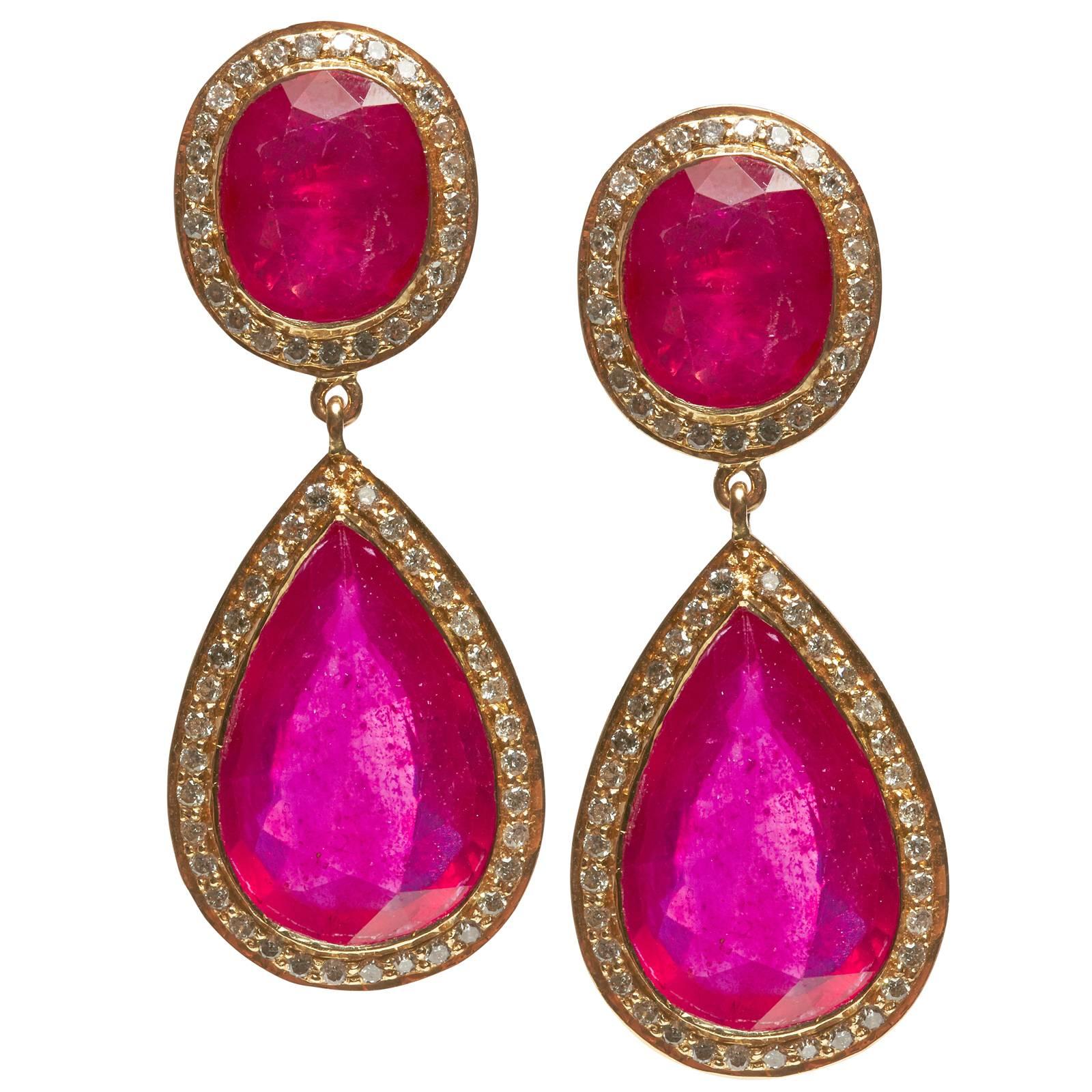 Jade Jagger Fine Double Ruby Earrings with Diamonds For Sale