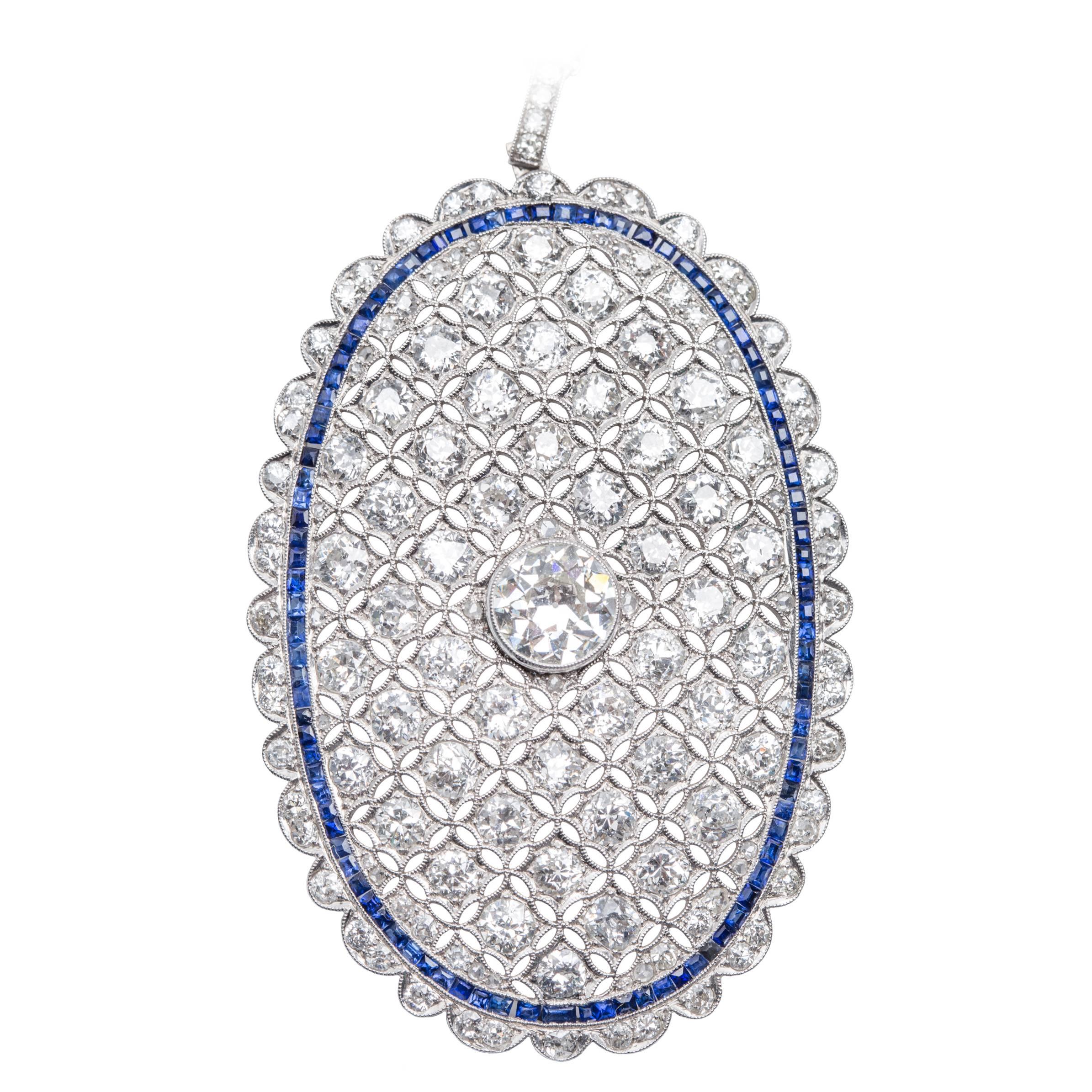 Sapphire Diamond Platinum Pendant Necklace For Sale