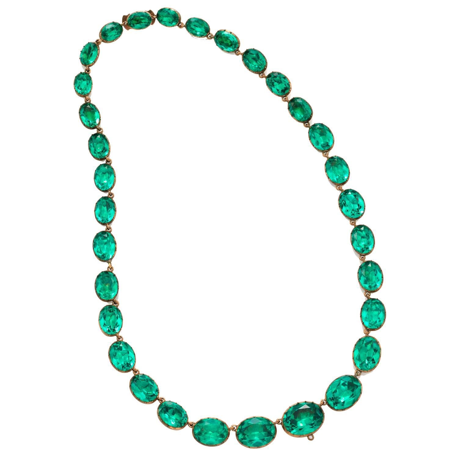 Antique Green Paste Gold Riviere Necklace For Sale