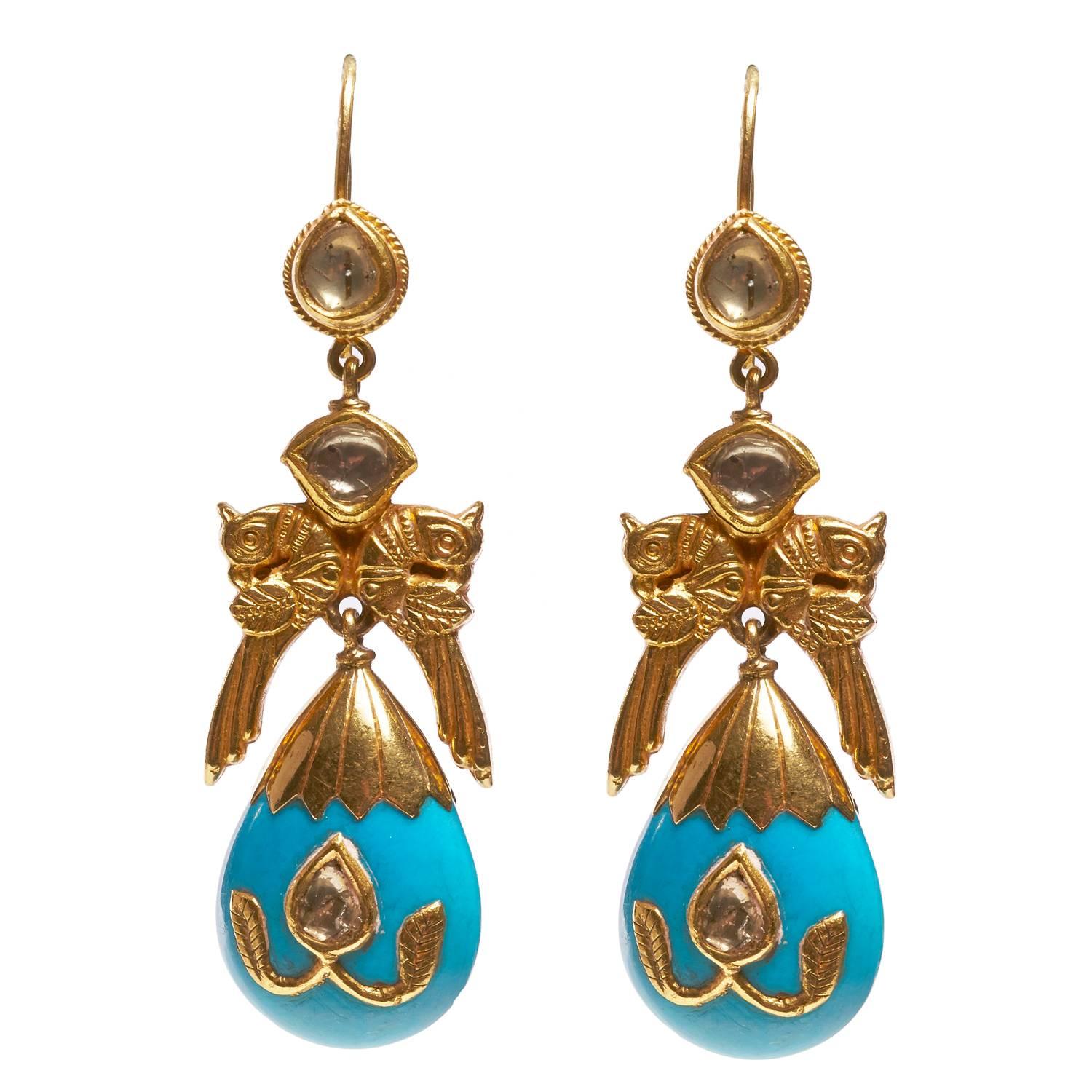 Jade Jagger Turquoise Bird Earrings with Diamond For Sale
