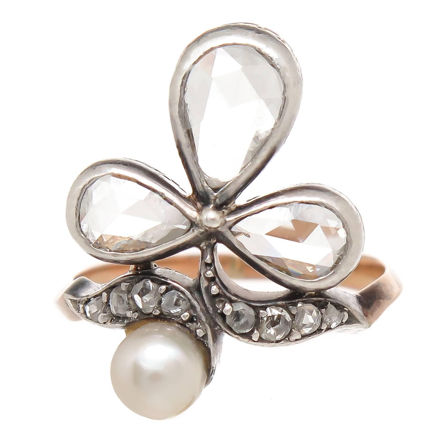 Rose cut Diamond Natural Pearl Silver gold Clover Ring 