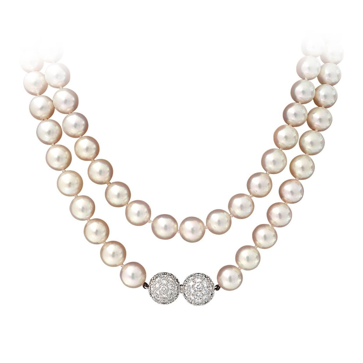 Beautiful Akoya Pearl and Double Ball Diamond Clasp Necklace