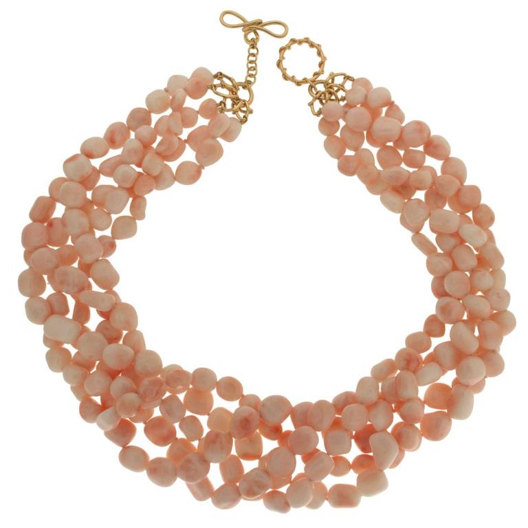 Five-Strand Angel Skin Coral Nugget Necklace For Sale