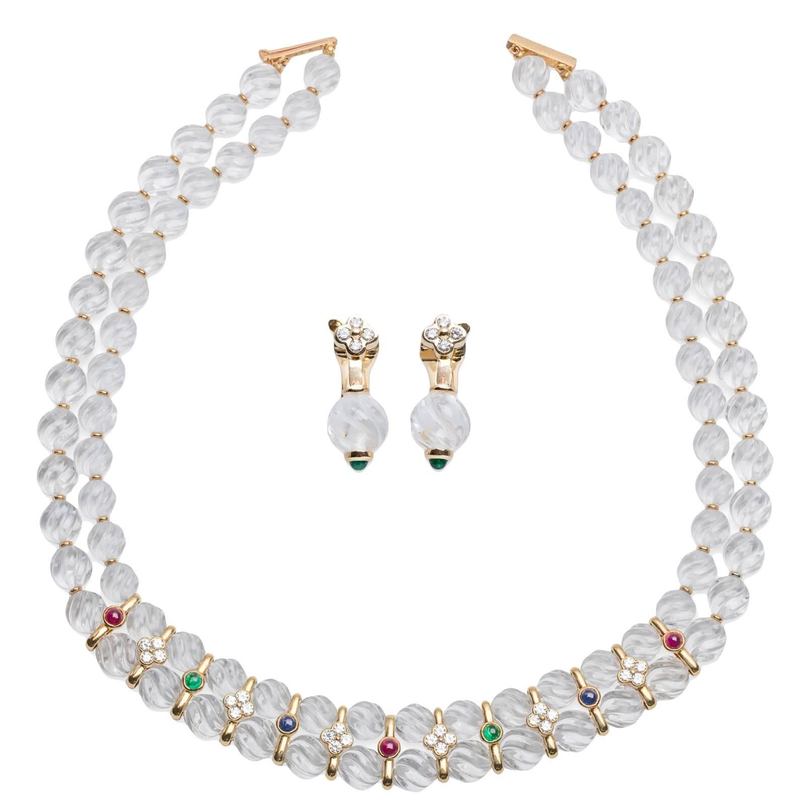 Boucheron Quartz Ruby Emerald Sapphire Diamond Necklace and Earring Set For Sale
